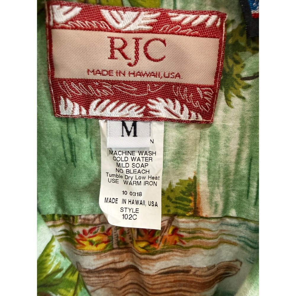 RJC Hawaiian Shirt Mens Medium Green Scenic Hula Canoe Made in Hawaii USA - Picture 3 of 9
